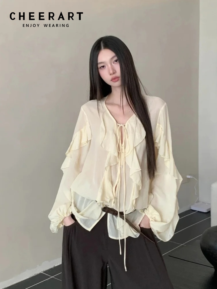 CHEERART Ruffles V Neck Tie Fr - Street Fashion Fall 2025 ulasan dan harga