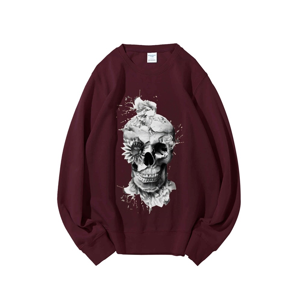 Skull Print Oversized Sweatshi - Oversized Crewneck Fleece ulasan dan harga