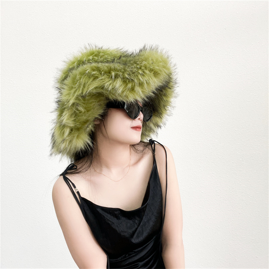 Fluffy Faux Fur Bucket Hat Win - Bucket Hat Embroidered ulasan dan harga