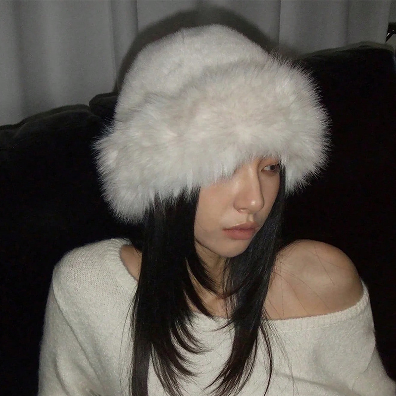 Women's Fuzzy Wide Brim Faux F - Bucket Hat Embroidered ulasan dan harga