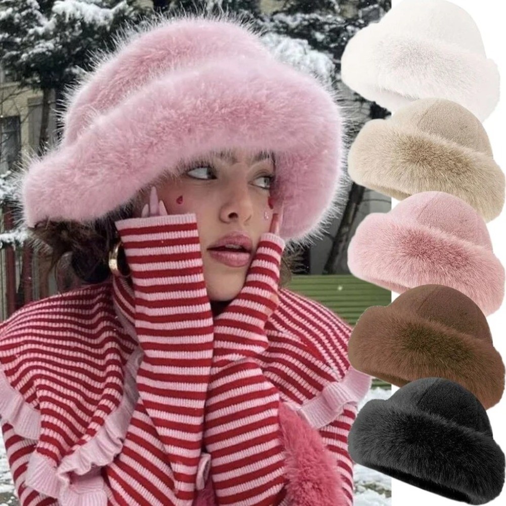 New Fluffy Fur Winter Hat Soli - Bucket Hat Embroidered ulasan dan harga