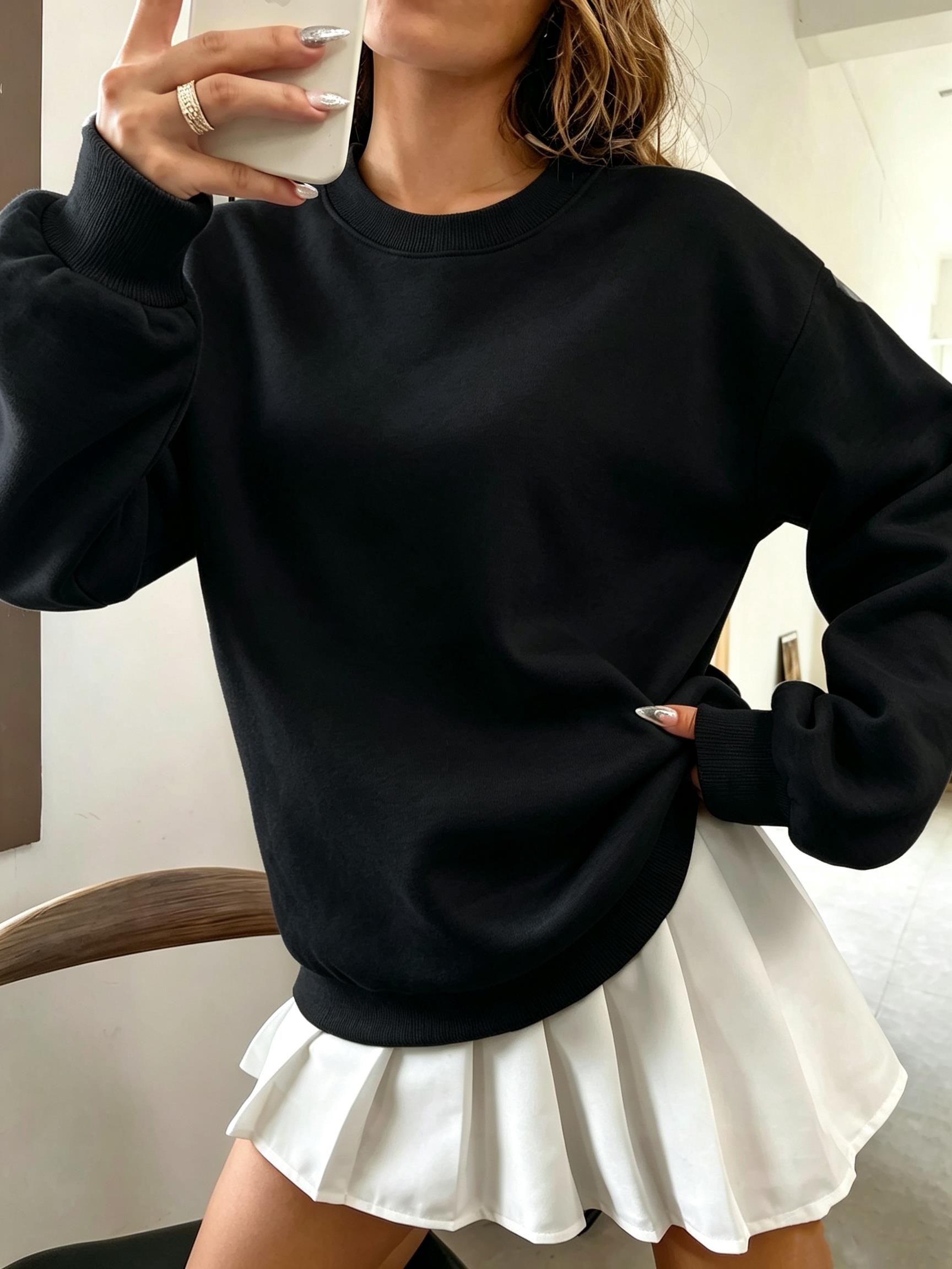 Korean Oversized Solid Color W - Oversized Crewneck Fleece ulasan dan harga