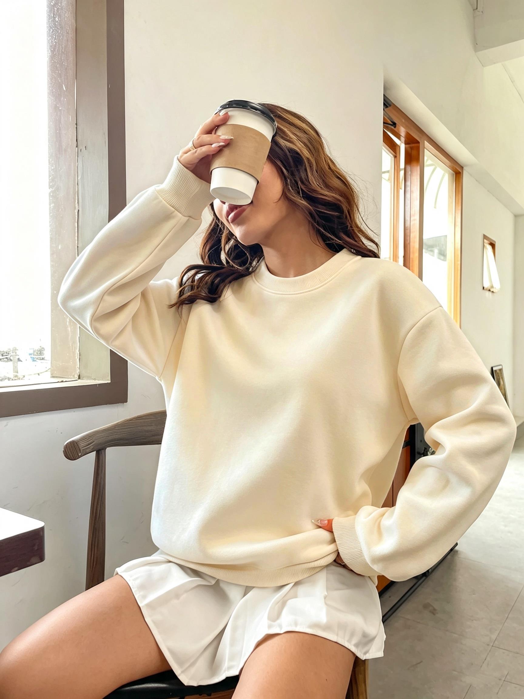 Korean Oversized Solid Color W - Oversized Crewneck Fleece ulasan dan harga